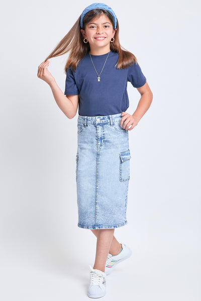 Girls Denim Long Cargo Clean Hem Skirt, Pack of 12