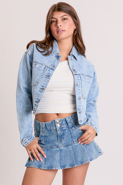 Cropped Lace Up Back Rigid Denim Jacket