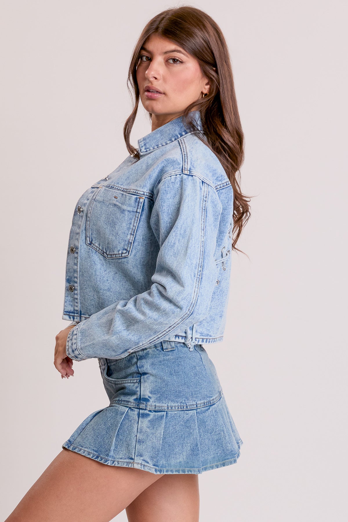 Cropped Lace Up Back Rigid Denim Jacket