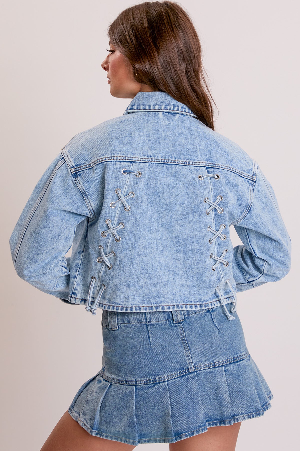 Cropped Lace Up Back Rigid Denim Jacket