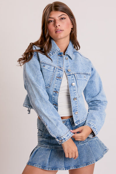 Cropped Lace Up Back Rigid Denim Jacket