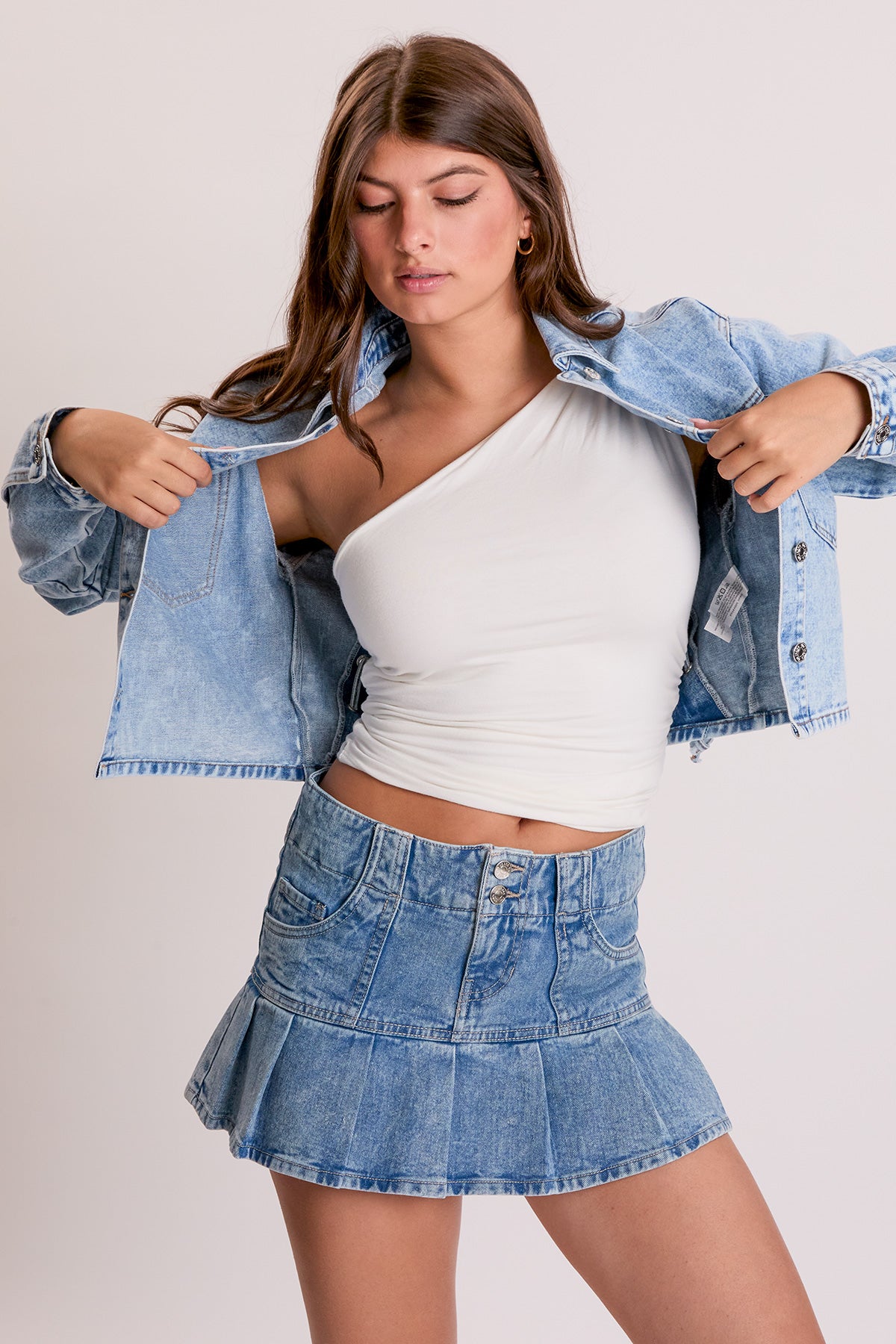 Cropped Lace Up Back Rigid Denim Jacket