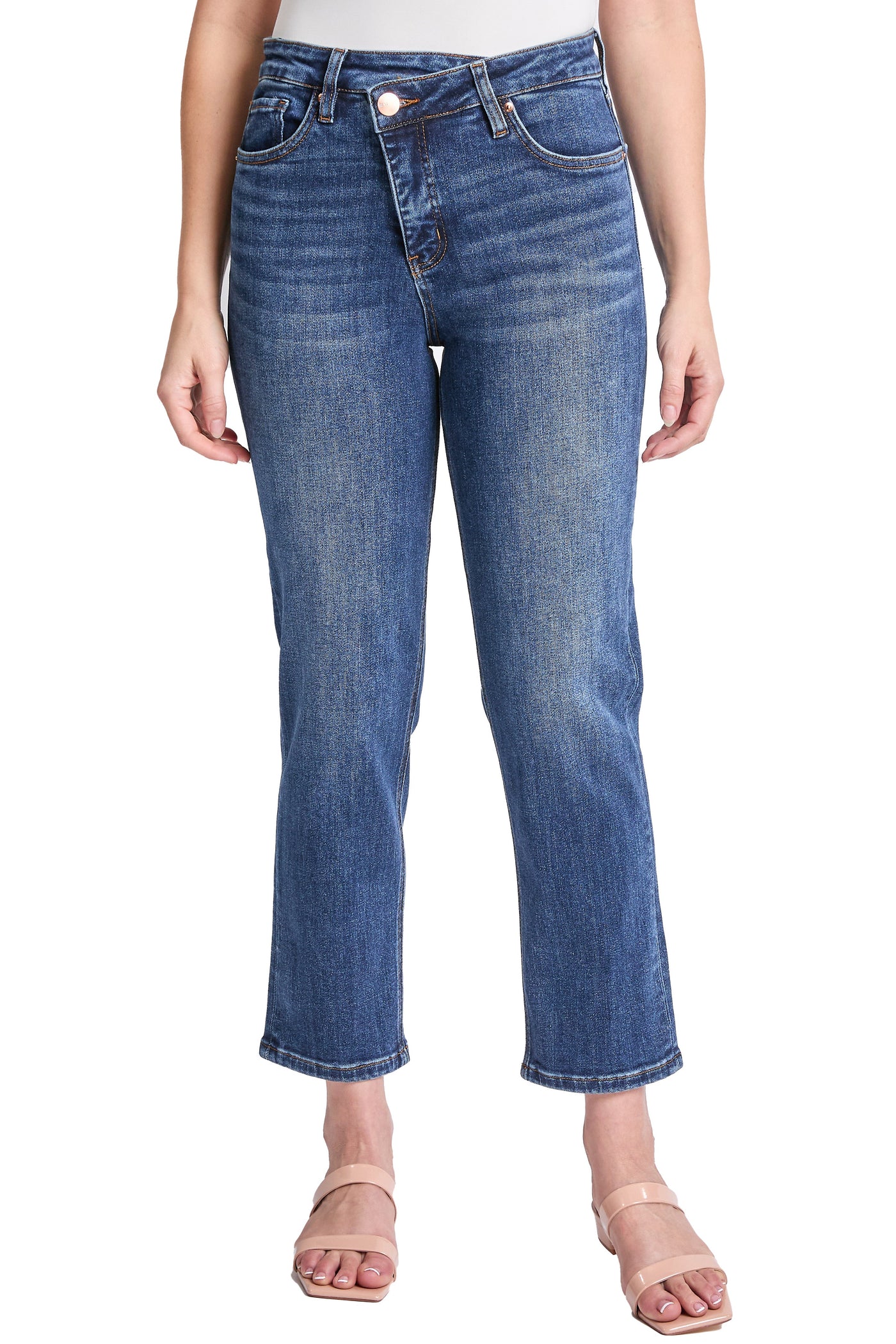 Dylan Mid Rise Asymmetric Cropped Straight Leg Jeans