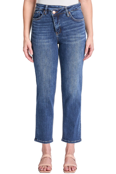 Dylan Mid Rise Asymmetric Cropped Straight Leg Jeans