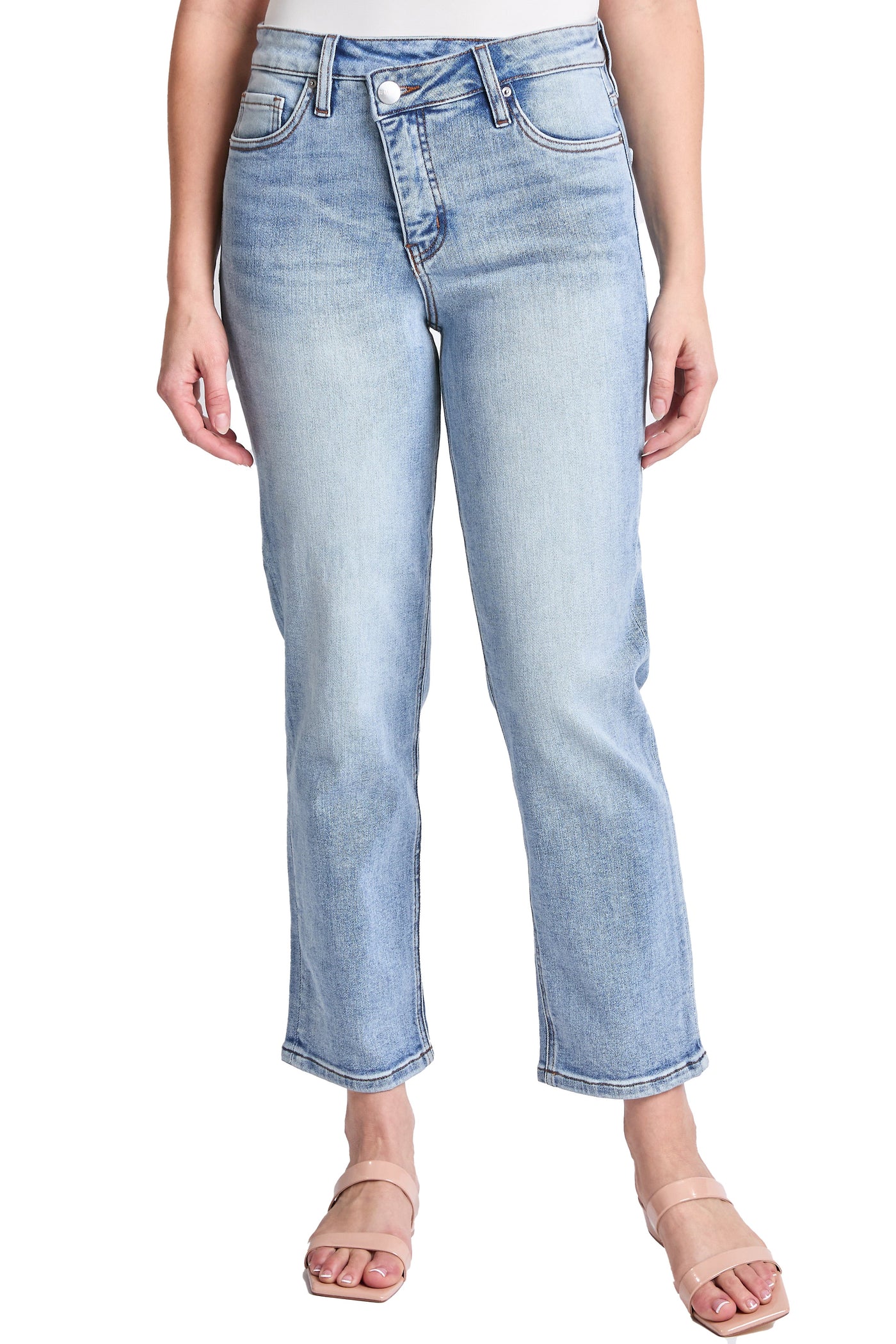 Dylan Mid Rise Asymmetric Cropped Straight Leg Jeans