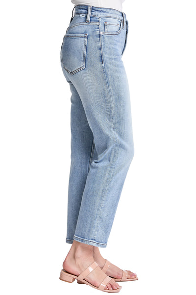 Dylan Mid Rise Asymmetric Cropped Straight Leg Jeans