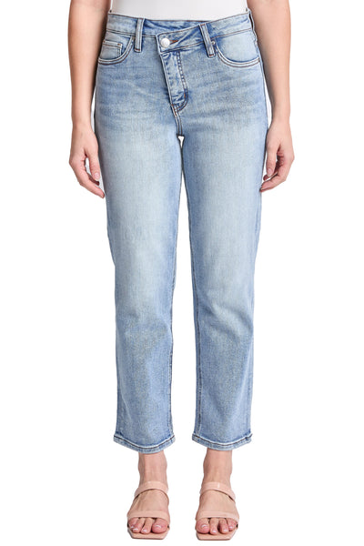 Dylan Mid Rise Asymmetric Cropped Straight Leg Jeans