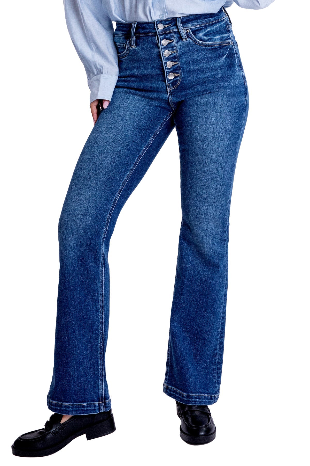 Mia High Rise Exposed Button Bootcut Jeans