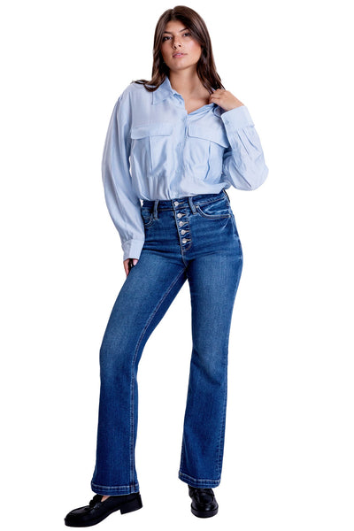 Mia High Rise Exposed Button Bootcut Jeans