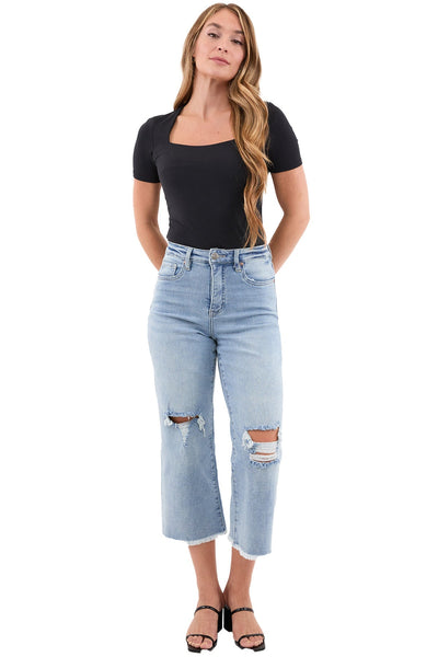 Chloe High Rise Wide Leg Cropped Frayed Jeans