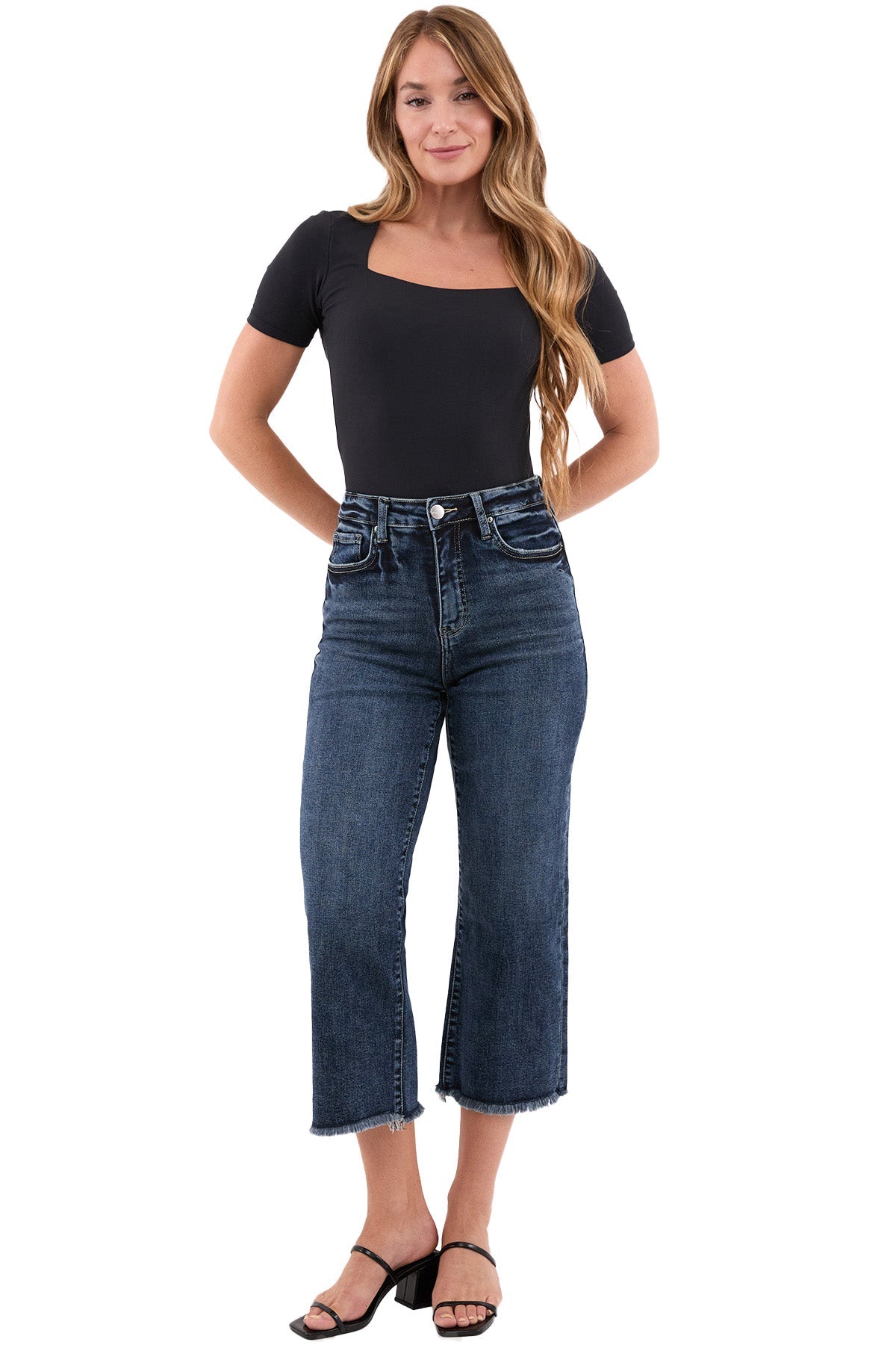 Chloe High Rise Wide Leg Cropped Frayed Jeans