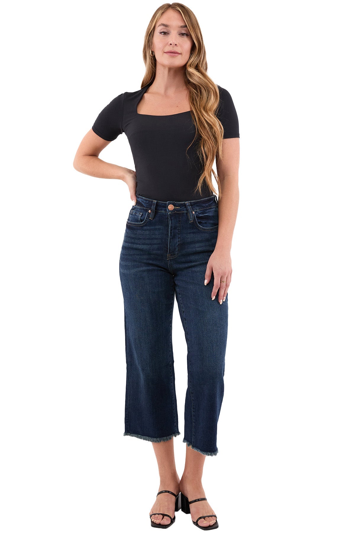 Chloe High Rise Wide Leg Cropped Frayed Jeans