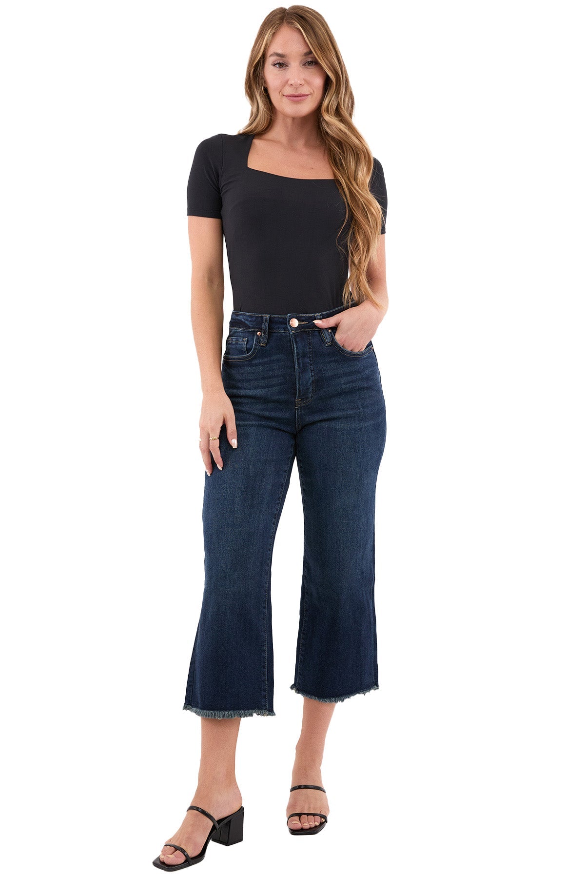 Chloe High Rise Wide Leg Cropped Frayed Jeans