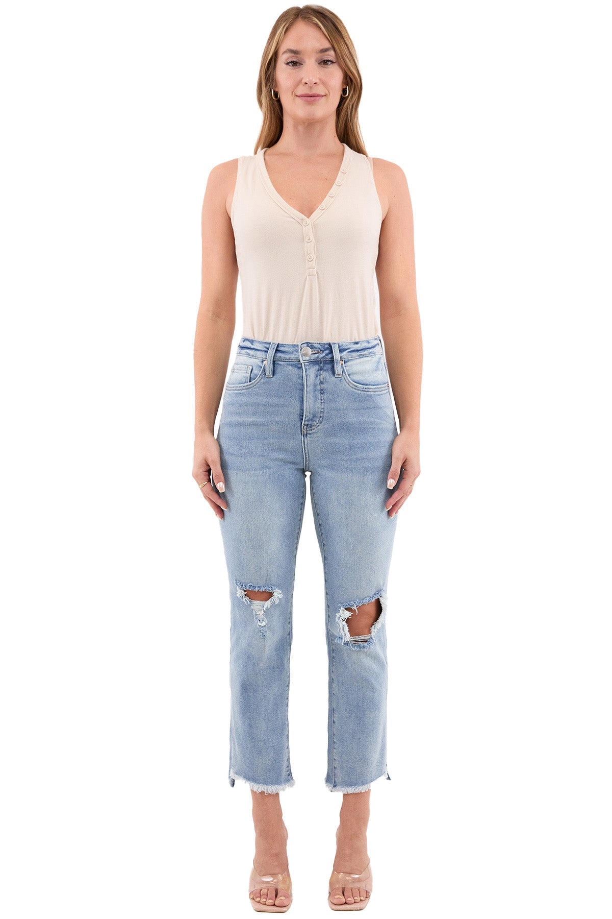 Dylan High Rise Slim Straight Crop Fray Jeans