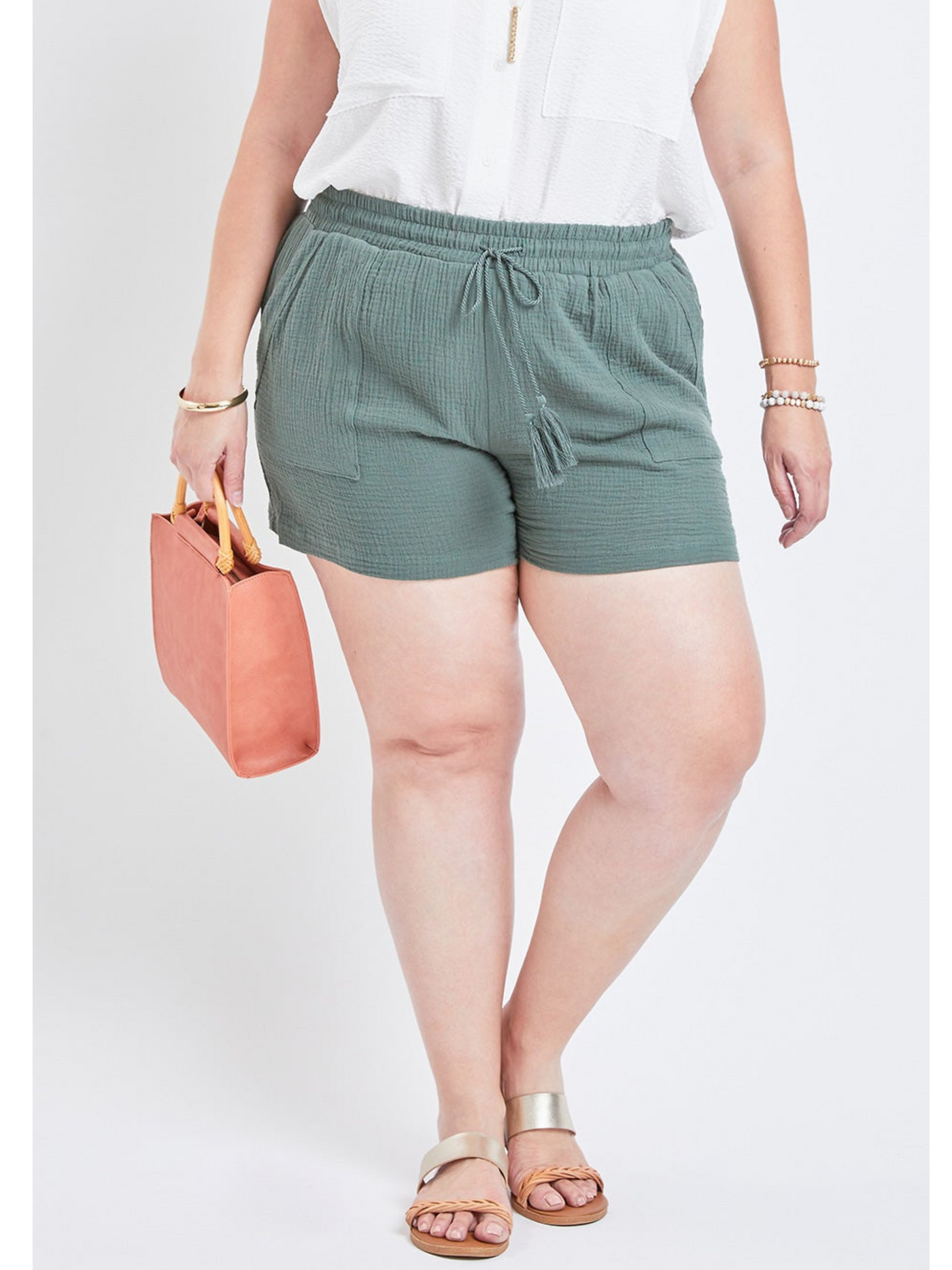 Missy Plus Size Double Gauze Shorts With Porkchop Pockets And Tassel Drawstring 6 Pack