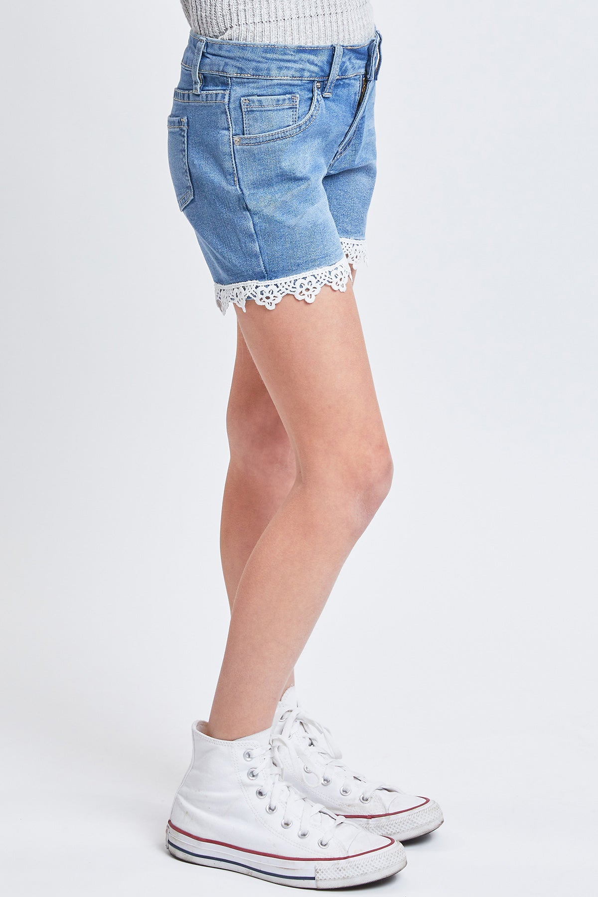 Girls Mid-Rise Denim Shorts With Lace Trimmed Hem, Pack of 12