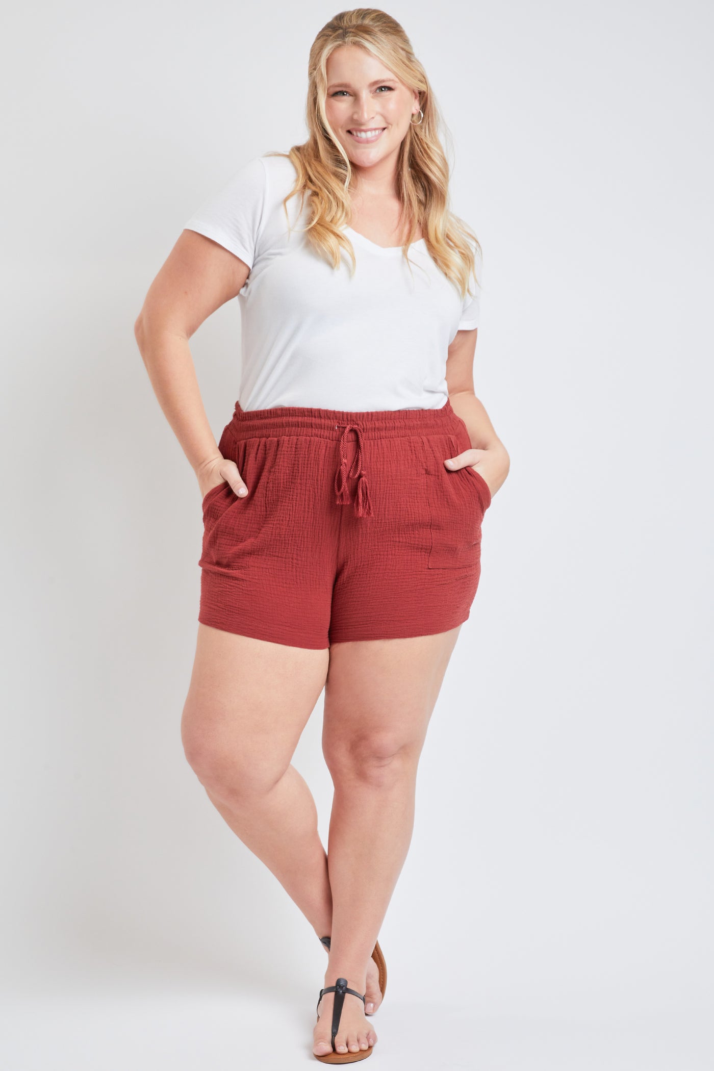 Missy Plus Size Double Gauze Shorts With Porkchop Pockets And Tassel Drawstring 6 Pack