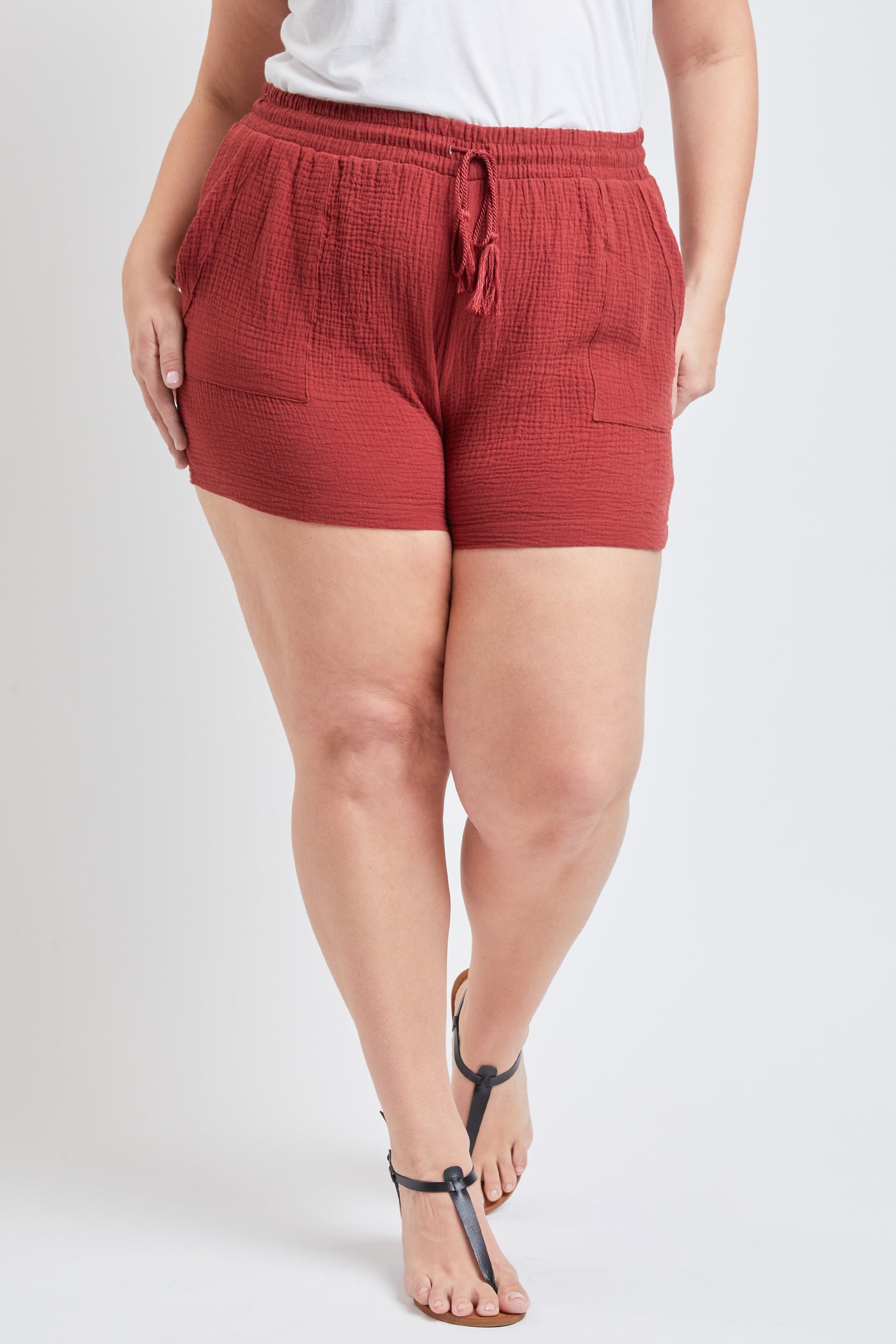 Missy Plus Size Double Gauze Shorts With Porkchop Pockets And Tassel Drawstring 6 Pack