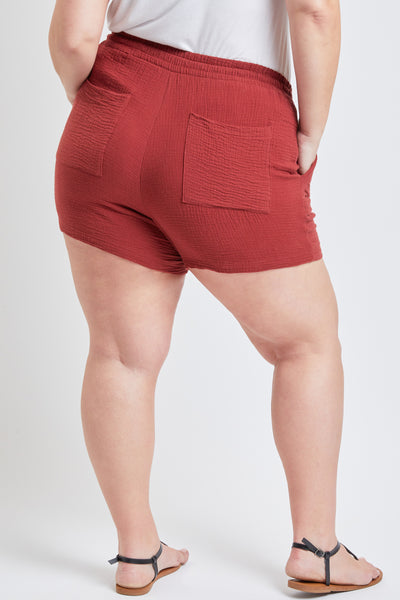 Missy Plus Size Double Gauze Shorts With Porkchop Pockets And Tassel Drawstring 6 Pack